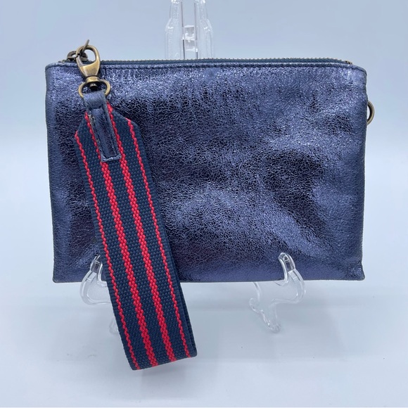 Anthropologie Metallic Leather Clutch Wristlet OS Blue - Picture 16 of 16